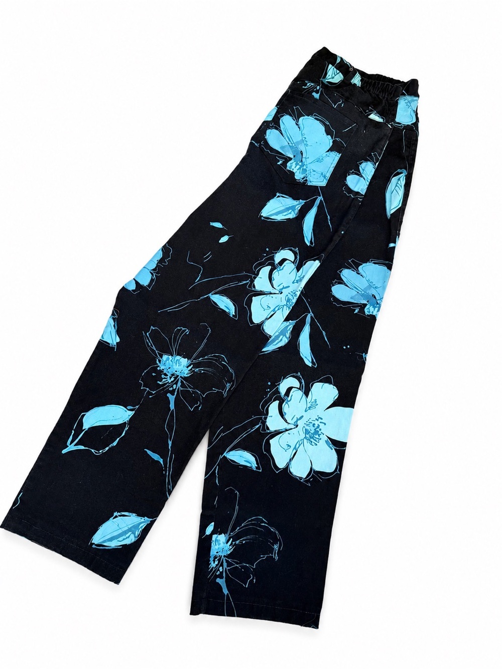 E.L.C.C. Large Black Blue Floral Stretch Pants Zip Fly Straight Leg Cotton
